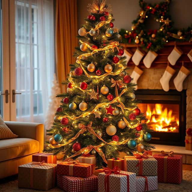 A beautifully decorated real Christmas tree standing elegantly in a cozy living room