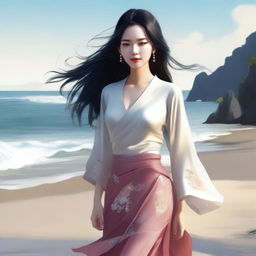 A high-quality digital art piece depicts an attractive Asian woman elegantly strolling along a shoreline