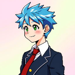 A handcrafted pixel art profile picture of an anime school boy, featuring a young male character with vibrant spiky blue hair and bright green eyes