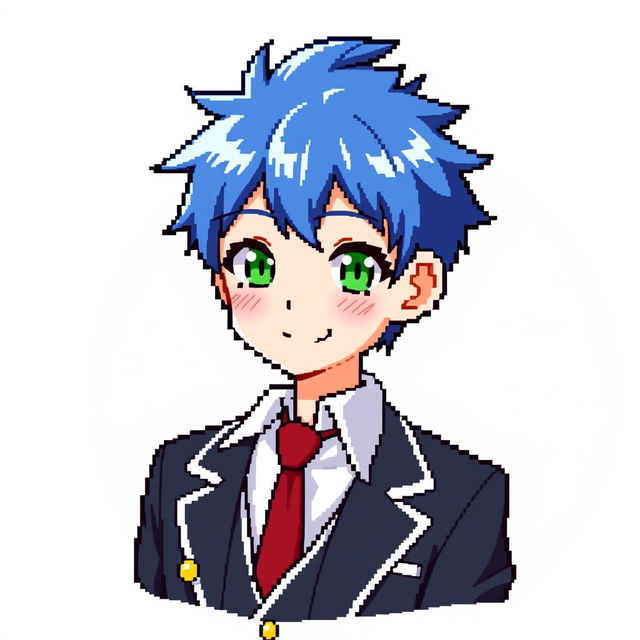 A handcrafted pixel art profile picture of an anime school boy, featuring a young male character with vibrant spiky blue hair and bright green eyes