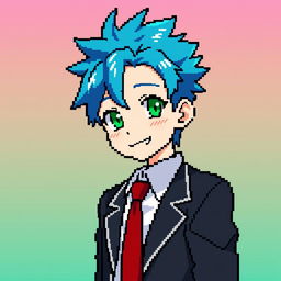 A handcrafted pixel art profile picture of an anime school boy, featuring a young male character with vibrant spiky blue hair and bright green eyes