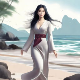 A high-quality digital art piece depicts an attractive Asian woman elegantly strolling along a shoreline