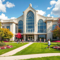 A luxurious school building designed with modern architecture, featuring large glass windows, a pristine lawn, and elegant landscaping
