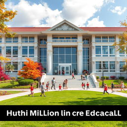 A luxurious school building designed with modern architecture, featuring large glass windows, a pristine lawn, and elegant landscaping