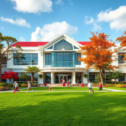 A luxurious school building designed with modern architecture, featuring large glass windows, a pristine lawn, and elegant landscaping