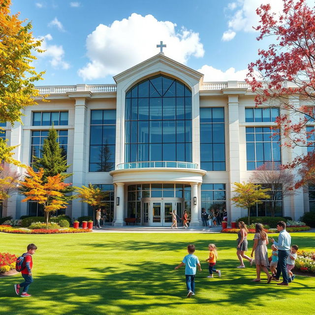 A luxurious school building designed with modern architecture, featuring large glass windows, a pristine lawn, and elegant landscaping