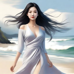 A high-quality digital art piece depicts an attractive Asian woman elegantly strolling along a shoreline