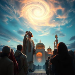 A dramatic scene depicting the appearance of Imam Mahdi, surrounded by an otherworldly light