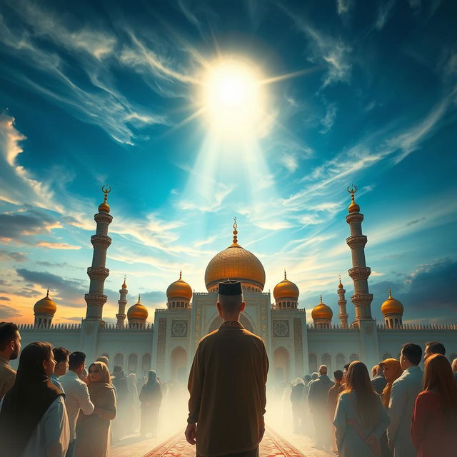 A dramatic scene depicting the appearance of Imam Mahdi, surrounded by an otherworldly light