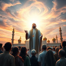 A dramatic scene depicting the appearance of Imam Mahdi, surrounded by an otherworldly light