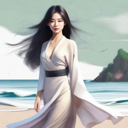 A high-quality digital art piece depicts an attractive Asian woman elegantly strolling along a shoreline