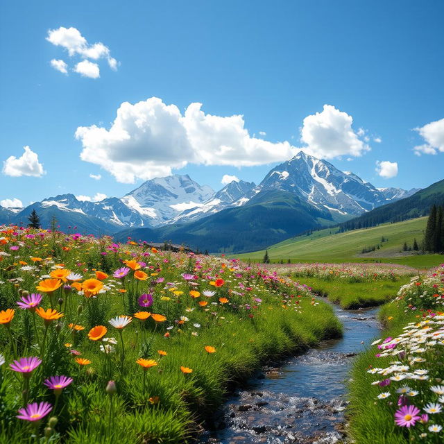 An enchanting, whimsical landscape featuring vibrant wildflowers in a lush green meadow under a bright blue sky