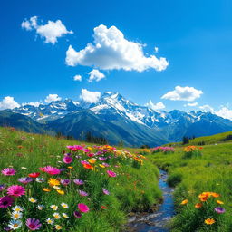 An enchanting, whimsical landscape featuring vibrant wildflowers in a lush green meadow under a bright blue sky