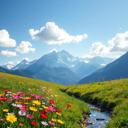 An enchanting, whimsical landscape featuring vibrant wildflowers in a lush green meadow under a bright blue sky