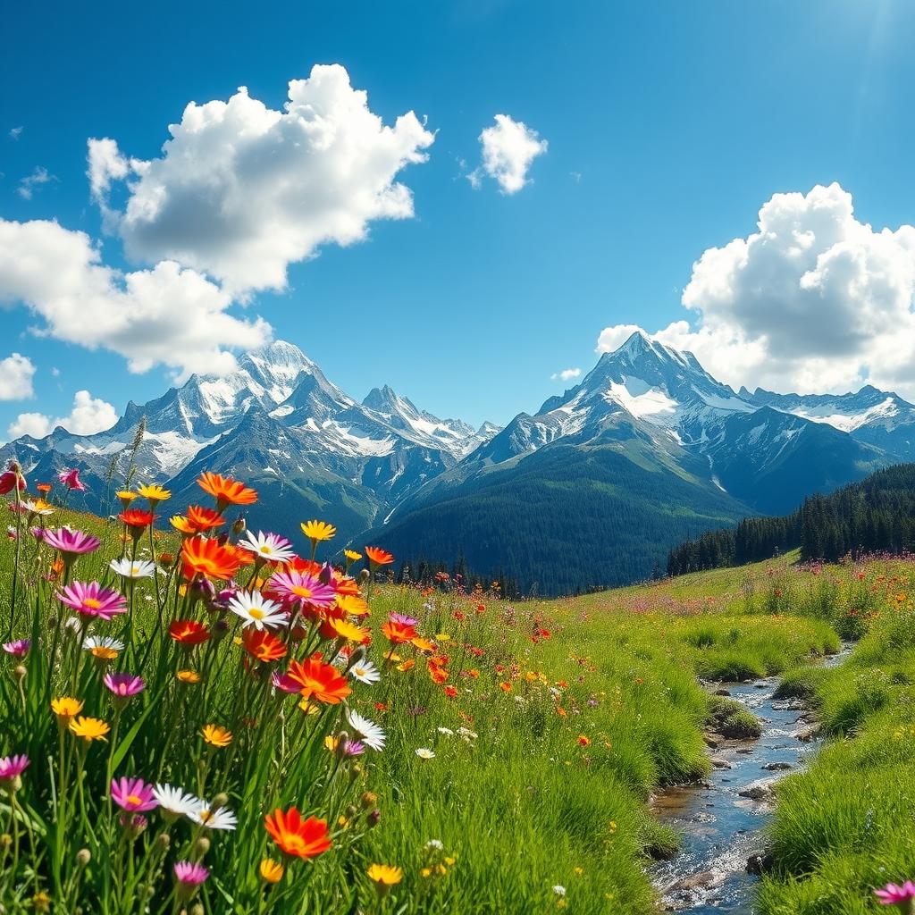 An enchanting, whimsical landscape featuring vibrant wildflowers in a lush green meadow under a bright blue sky