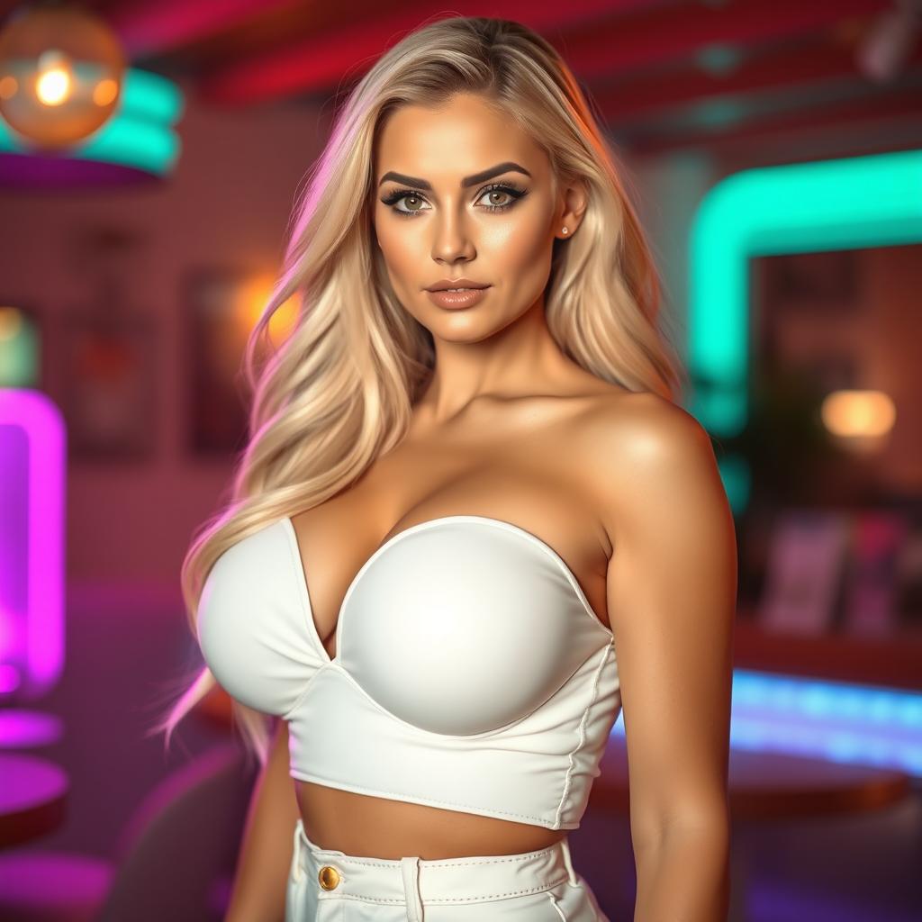 A stunning blonde woman with large breasts, wearing a pure white outfit that accentuates her curves