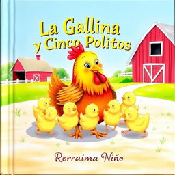 A delightful book cover illustration featuring a mother hen surrounded by her five adorable chicks in a sunny farmyard setting