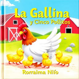 A delightful book cover illustration featuring a mother hen surrounded by her five adorable chicks in a sunny farmyard setting