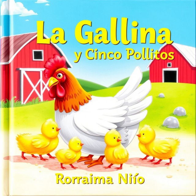 A delightful book cover illustration featuring a mother hen surrounded by her five adorable chicks in a sunny farmyard setting