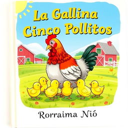 A delightful book cover illustration featuring a mother hen surrounded by her five adorable chicks in a sunny farmyard setting