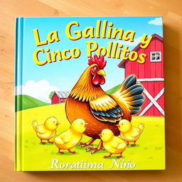 A delightful book cover illustration featuring a mother hen surrounded by her five adorable chicks in a sunny farmyard setting