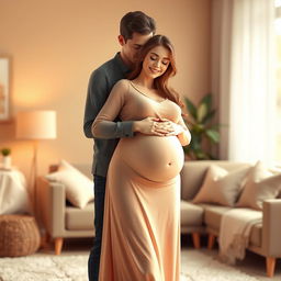 A romantic 3D scene featuring a pregnant couple, embracing each other tenderly in a cozy, softly lit living room