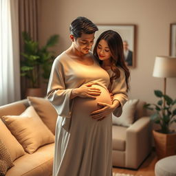 A romantic 3D scene featuring a pregnant couple, embracing each other tenderly in a cozy, softly lit living room