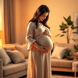 A romantic 3D scene featuring a pregnant couple, embracing each other tenderly in a cozy, softly lit living room