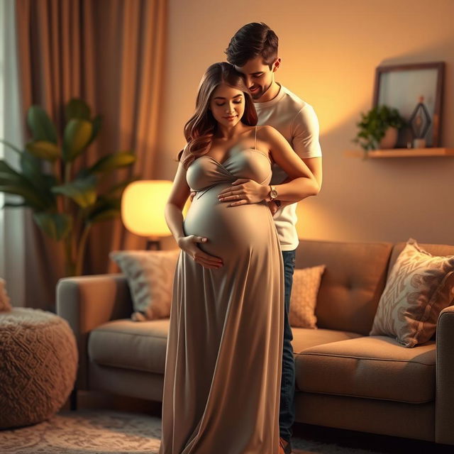 A romantic 3D scene featuring a pregnant couple, embracing each other tenderly in a cozy, softly lit living room