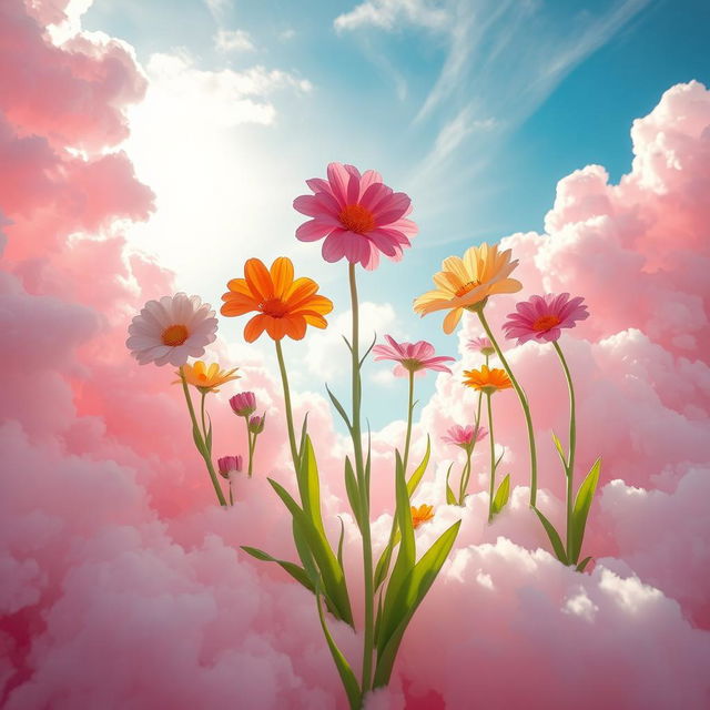 A surreal and dreamlike scene featuring colorful flowers blooming out of fluffy pink clouds