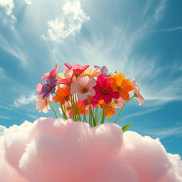 A surreal and dreamlike scene featuring colorful flowers blooming out of fluffy pink clouds