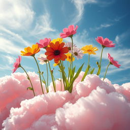 A surreal and dreamlike scene featuring colorful flowers blooming out of fluffy pink clouds