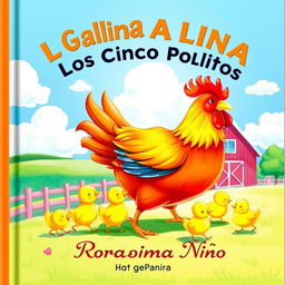 A vibrant book cover illustration featuring a mother hen surrounded by her five playful chicks in a sunny farmyard scene