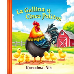 A vibrant book cover illustration featuring a mother hen surrounded by her five playful chicks in a sunny farmyard scene