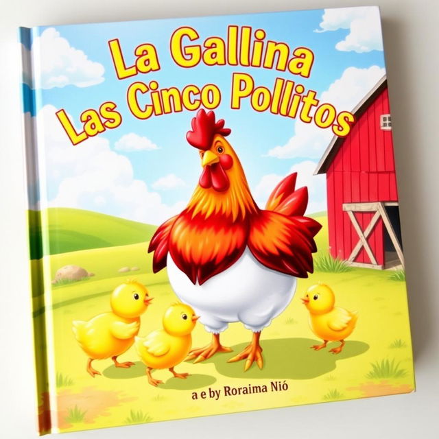 A vibrant book cover illustration featuring a mother hen surrounded by her five playful chicks in a sunny farmyard scene