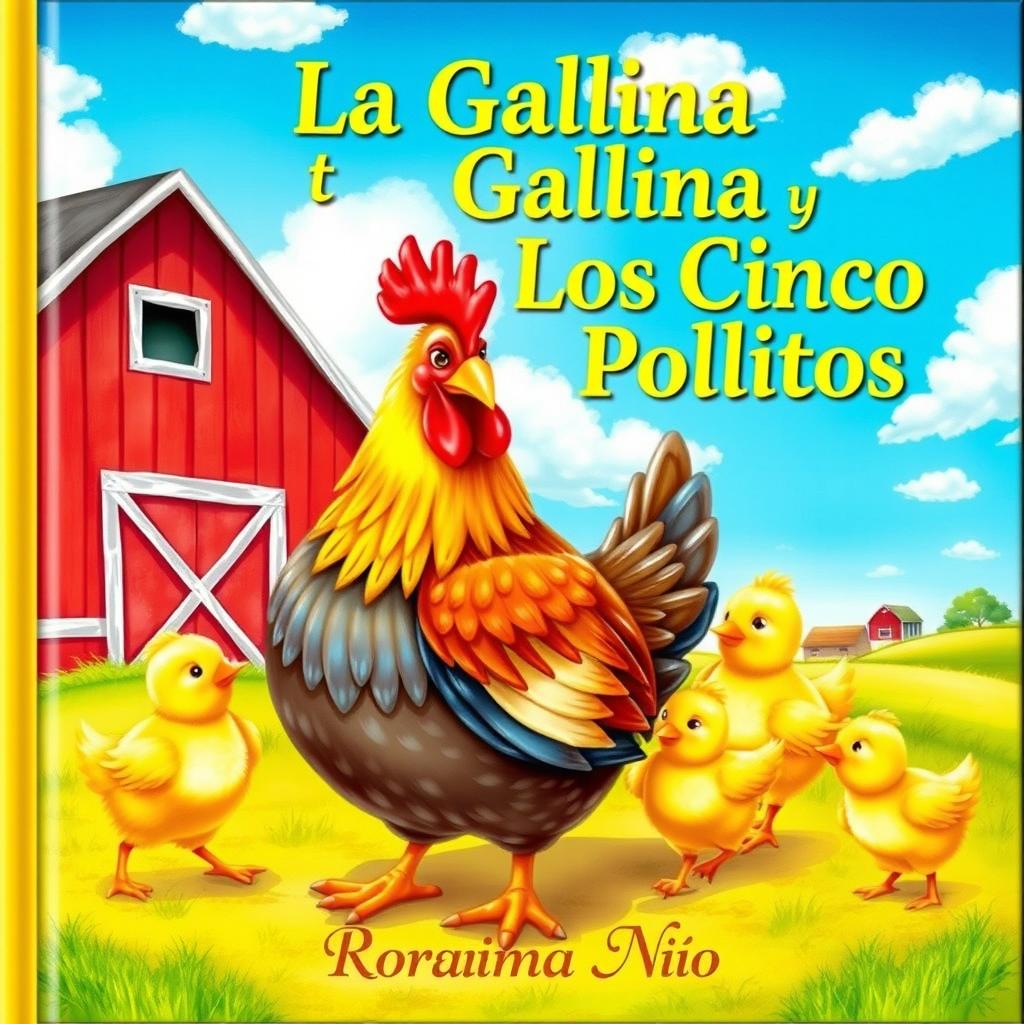 A vibrant book cover illustration featuring a mother hen surrounded by her five playful chicks in a sunny farmyard scene