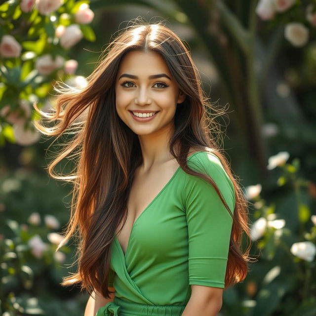 A youthful, attractive woman with vibrant green clothing, standing confidently in a lush outdoor setting, surrounded by blooming flowers and greenery