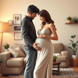 A captivating 3D scene featuring a pregnant woman and her husband, showcasing their deep bond and excitement for their upcoming baby