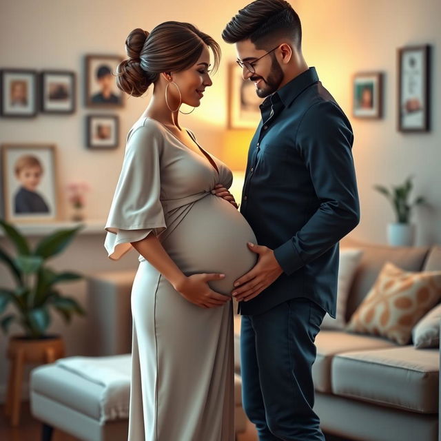 A captivating 3D scene featuring a pregnant woman and her husband, showcasing their deep bond and excitement for their upcoming baby
