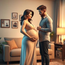 A captivating 3D scene featuring a pregnant woman and her husband, showcasing their deep bond and excitement for their upcoming baby