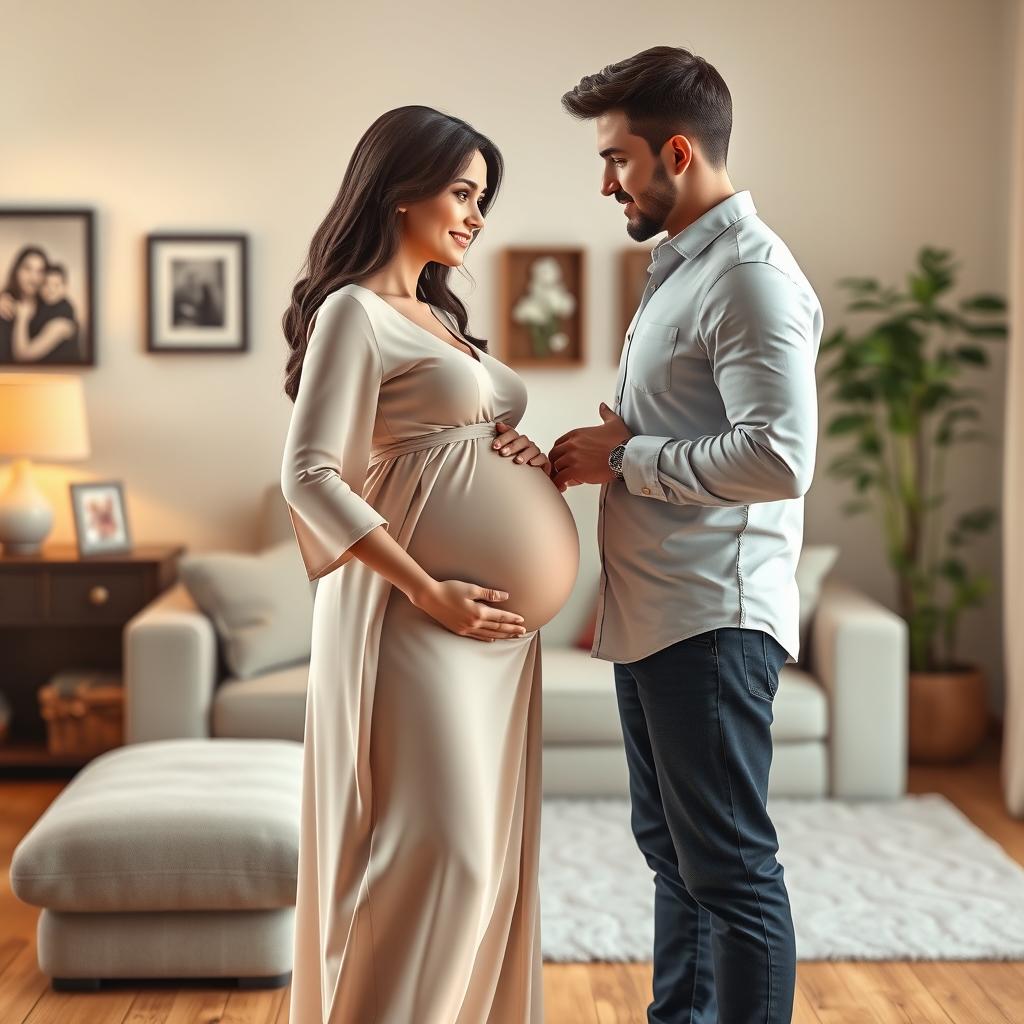A captivating 3D scene featuring a pregnant woman and her husband, showcasing their deep bond and excitement for their upcoming baby