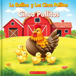 A charming book cover illustration featuring a mother hen with her five adorable chicks in a cheerful, sunny farmyard