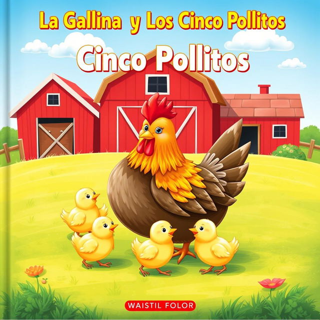 A charming book cover illustration featuring a mother hen with her five adorable chicks in a cheerful, sunny farmyard