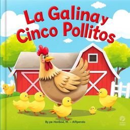 A charming book cover illustration featuring a mother hen with her five adorable chicks in a cheerful, sunny farmyard
