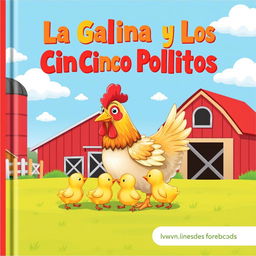 A charming book cover illustration featuring a mother hen with her five adorable chicks in a cheerful, sunny farmyard