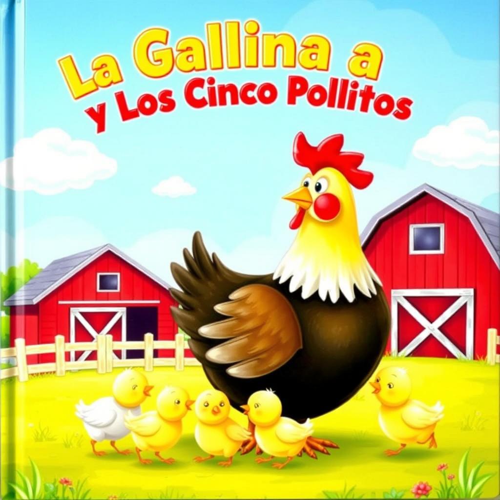 A charming book cover illustration featuring a mother hen with her five adorable chicks in a cheerful, sunny farmyard