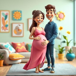 A vibrant 3D cartoon scene featuring a cheerful pregnant woman and her husband, expressing joy and love for their growing family