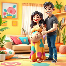 A vibrant 3D cartoon scene featuring a cheerful pregnant woman and her husband, expressing joy and love for their growing family