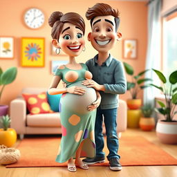 A vibrant 3D cartoon scene featuring a cheerful pregnant woman and her husband, expressing joy and love for their growing family
