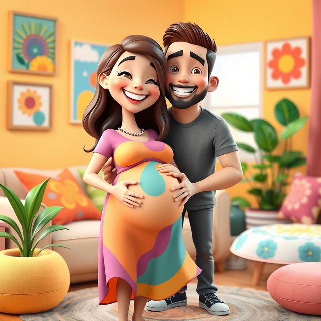 A vibrant 3D cartoon scene featuring a cheerful pregnant woman and her husband, expressing joy and love for their growing family